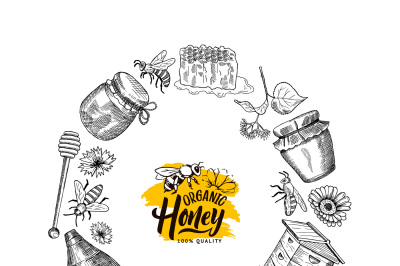 Vector hand drawn honey elements in circle form