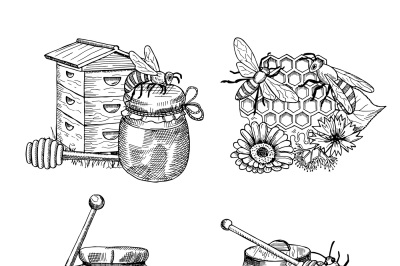 Vector piles of hand drawn honey elements set