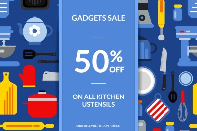 Vector flat style kitchen utensils sale background illustration