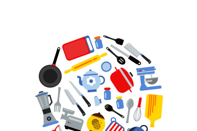 Vector flat style kitchen utensils gathered in circle illustration