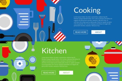 Vector flat style kitchen utensils horizontal web banners illustration