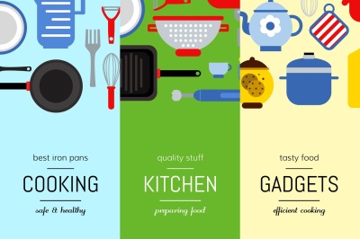 Vector flat style kitchen utensils vertical web banners illustration