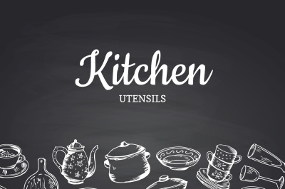 Vector background on black chalkboard illustration with kitchen utensi