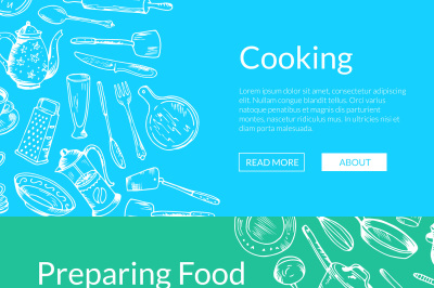 Vector banners illustration with hand drawn kitchen utensils