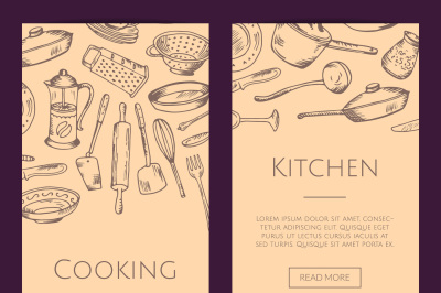 Vector banners illustration with hand drawn kitchen utensils