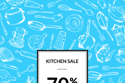 Vector sale background with hand drawn kitchen utensils