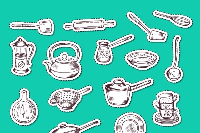 Vector stickers set with hand drawn kitchen utensils