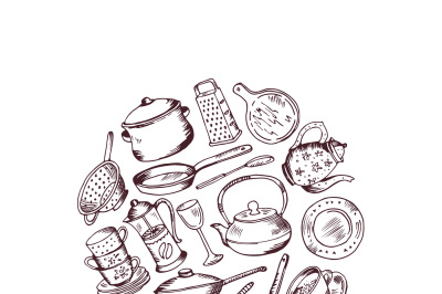 Vector hand drawn kitchen utensils in circle illustration