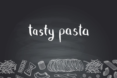 Vector hand drawn contoured pasta types on chalkboard background with 