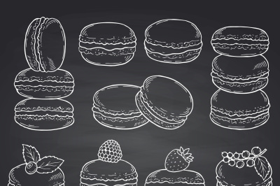 Vector set of hand drawn macaroons on chalkboard illustration