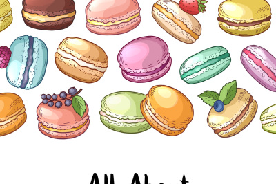 Vector background with colored hand drawn macaroons and lettering