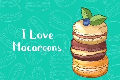 Vector background with colored hand drawn macaroons and place for text