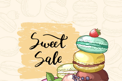 Vector sale background with colored hand drawn macaroons for pastry sh