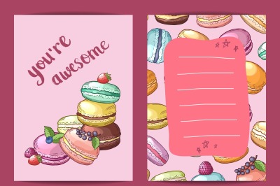 Vector birthday card template with colored hand drawn macaroons