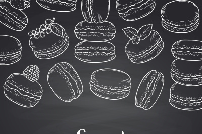 Vector background on black chalkboard with hand drawn macaroons