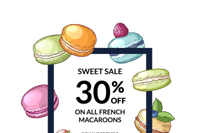 Vector frame with flying hand drawn macaroons around it with place for