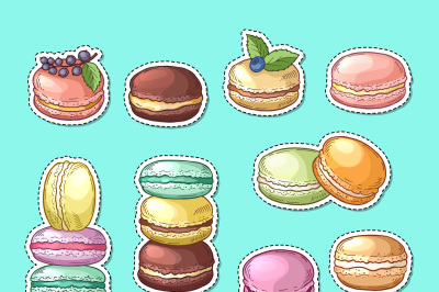 Vector stickers set with colored hand drawn macaroons