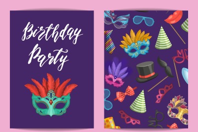 Vector card or flyer template with masks and party accessories