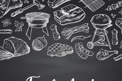 Vector hand drawn meat elements on black chalkboard illustration with 