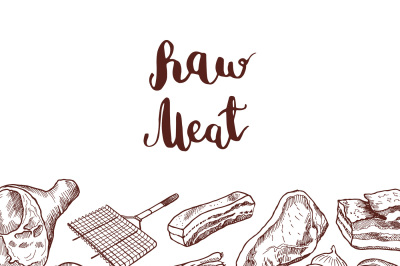 Vector hand drawn meat elements background illustration with lettering