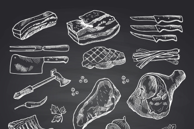 Vector hand drawn monochrome meat elements on black chalkboard