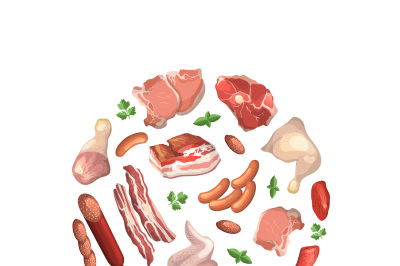 Vector cartoon meat elements gathered in circle illustration