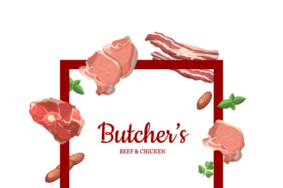 Vector cartoon meat elements with place for text in center illustratio