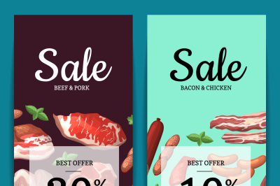 Vector cartoon meat elements sale banners illustration