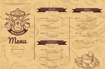 Vector horizontal restaurant or cafe template with sketched mexican fo