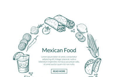 Vector sketched mexican food elements in form of circle with place for