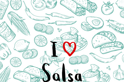 Vector sketched mexican food elements background with lettering