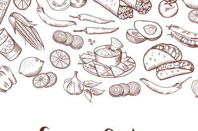 Vector sketched mexican food elements background