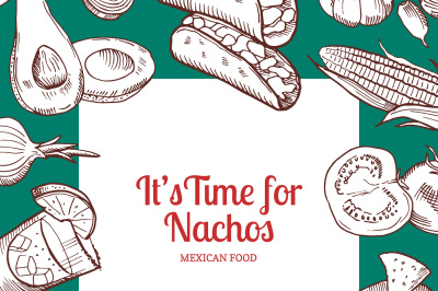 Vector sketched mexican food elements background with place for text