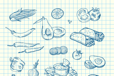 Vector sketched mexican food elements set background