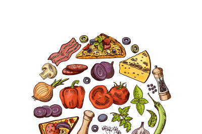 Vector sketched and colored italian pizza elements circle concept