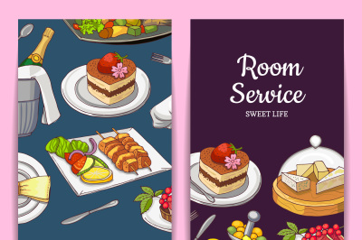 Vector card or flyer templates with hand drawn restaurant or room serv