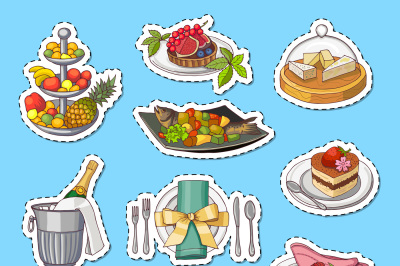 Vector hand drawn restaurant or room service elements stickers on plan