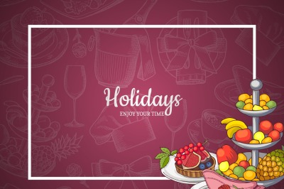 Vector frame with food plates on background of hand drawn restaurant