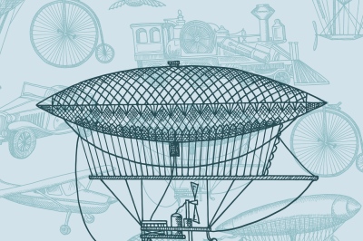 Vector background with steampunk hand drawn airships&2C; air baloons&2C; bic