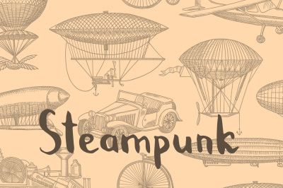 Vector background with steampunk hand drawn airships