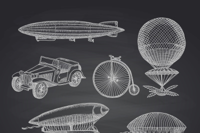 Vector set of steampunk hand drawn dirigibles&2C; bicycles