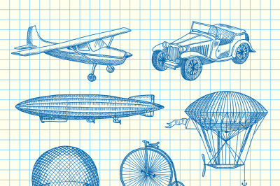 Vector set of steampunk hand drawn dirigibles&2C; bicycles and cars