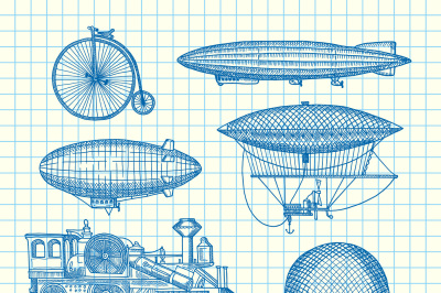 Vector set of steampunk hand drawn dirigibles&2C; bicycles and cars on ce