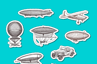 Vector stickers set dirigibles&2C; bicycles and cars