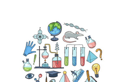 Vector sketched science or chemistry elements in form of circle illust