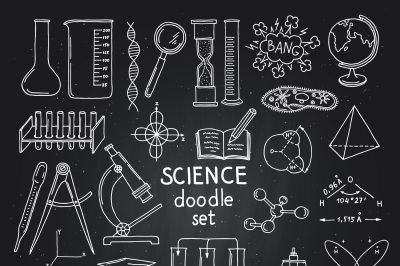 Vector sketched science or chemistry elements set on black chalkboard