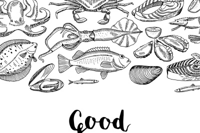 Vector background illustration with hand drawn seafood elements and le