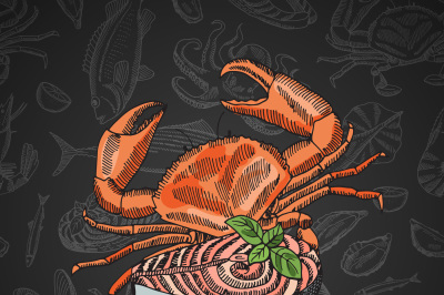 Vector hand drawn colored seafood elements composition on dark gradien