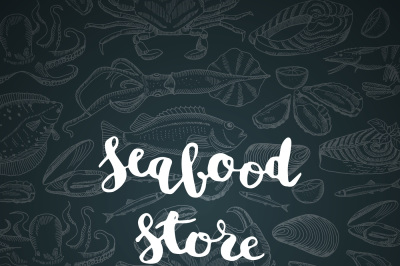 Vector hand drawn seafood elements background with lettering with seaf