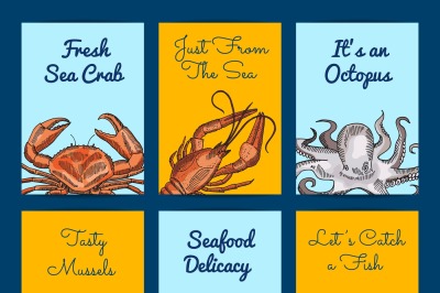 Vector card or flyer templates with colored hand drawn seafood